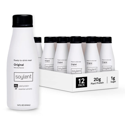 Soylent Strawberry Meal Replacement Shake, Ready-to-Drink Plant Based Protein Drink, Contains 20g Complete Vegan Protein and 1g Sugar, 14oz, 12 Pack