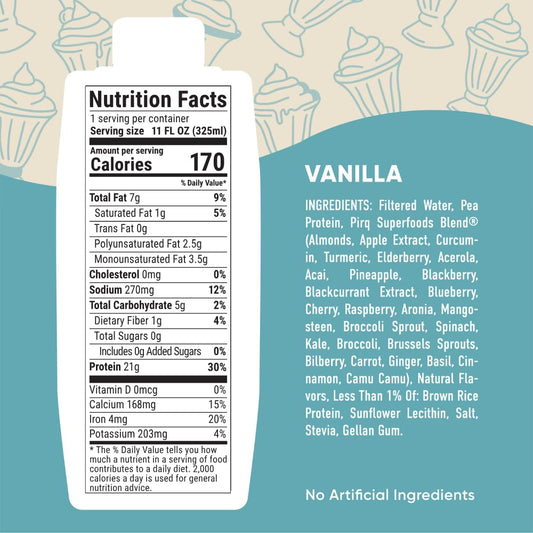 Pirq, 21g Dairy Free Protein Shake, 25 Superfoods, 0g Sugar, Plant-Based Protein Drink, Gluten-Free, Vegan, Kosher, Keto, Low Carb, Low Calorie (12 Pack) (Vanilla)