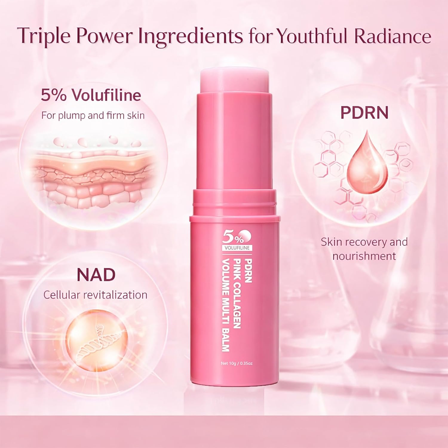 PDRN Stick, PDRN Pink Collagen Volume Multi Balm with 5% Volufiline NAD Infused, Bounce Multi Balm Stick, Revitalizing Care for Smooth Face & Body for Under-Eyes, Neck, Forehead - 3pcs