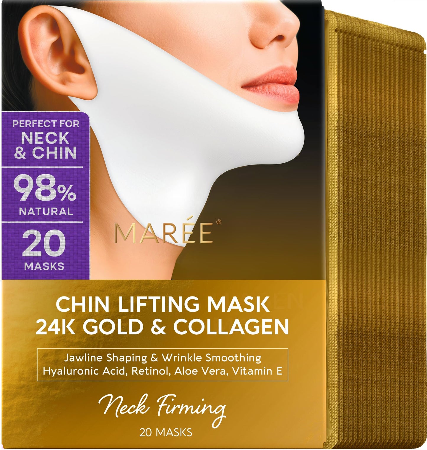 MAREE V Line Lifting Mask with 24K Gold – Deep Collagen Face Mask for Women – Jawline Shaper Mask with Retinol & Hyaluronic Acid – Neck Tightening & Firming - Double Chin Strap for Face Lift