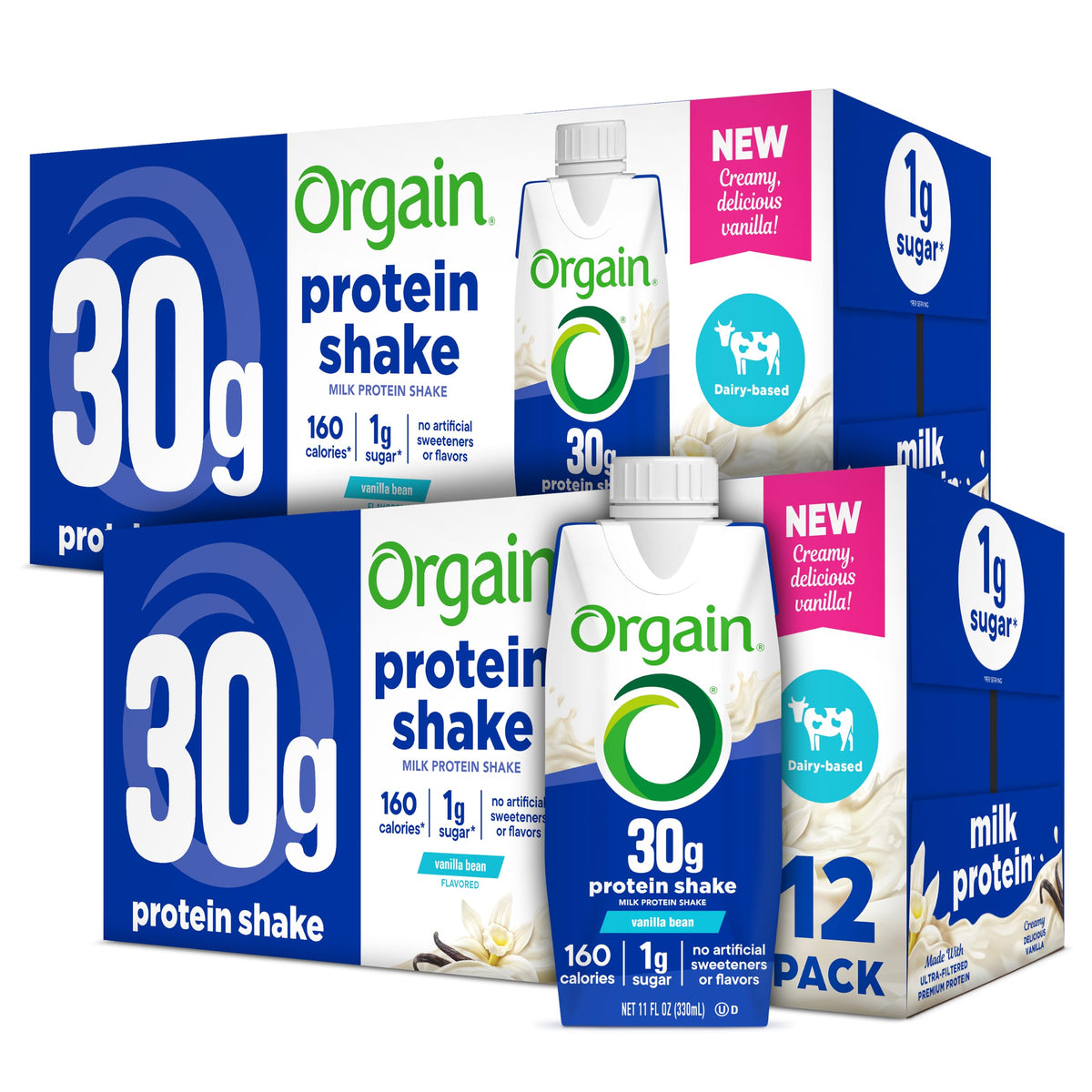 Orgain 30g High Protein Dairy Shake, 5g BCAAs, Chocolate, 11 oz, 12pk