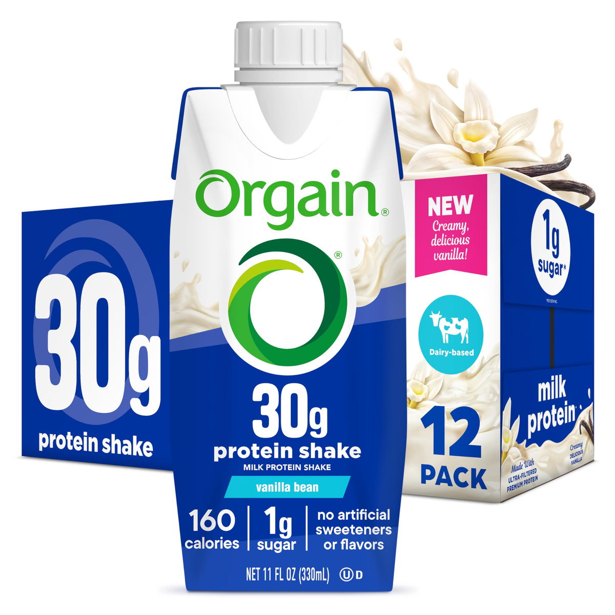 Orgain 30g High Protein Dairy Shake, 5g BCAAs, Chocolate, 11 oz, 12pk