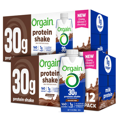 Orgain 30g High Protein Dairy Shake, 5g BCAAs, Chocolate, 11 oz, 12pk