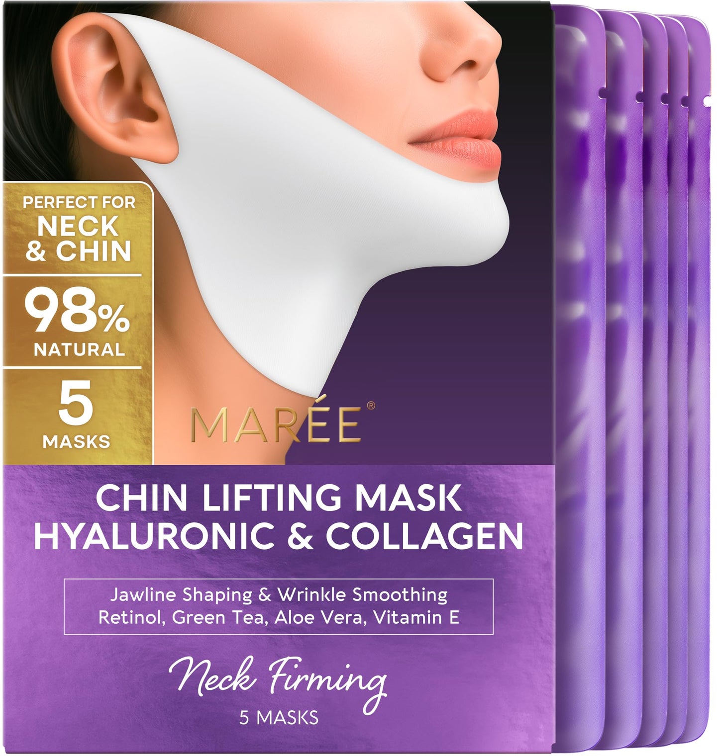 MAREE V Line Lifting Mask with 24K Gold – Deep Collagen Face Mask for Women – Jawline Shaper Mask with Retinol & Hyaluronic Acid – Neck Tightening & Firming - Double Chin Strap for Face Lift