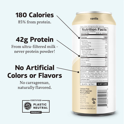 Slate Milk - Ultra Protein Shake - Vanilla - 42g Protein, 1g Sugar, 180 Calories, 1g Net Carbs - Lactose Free, No Added Sugar - Made with Ultra Filtered Milk - Breakfast Boost, Post Workout - 15 fl oz, 12 Cans