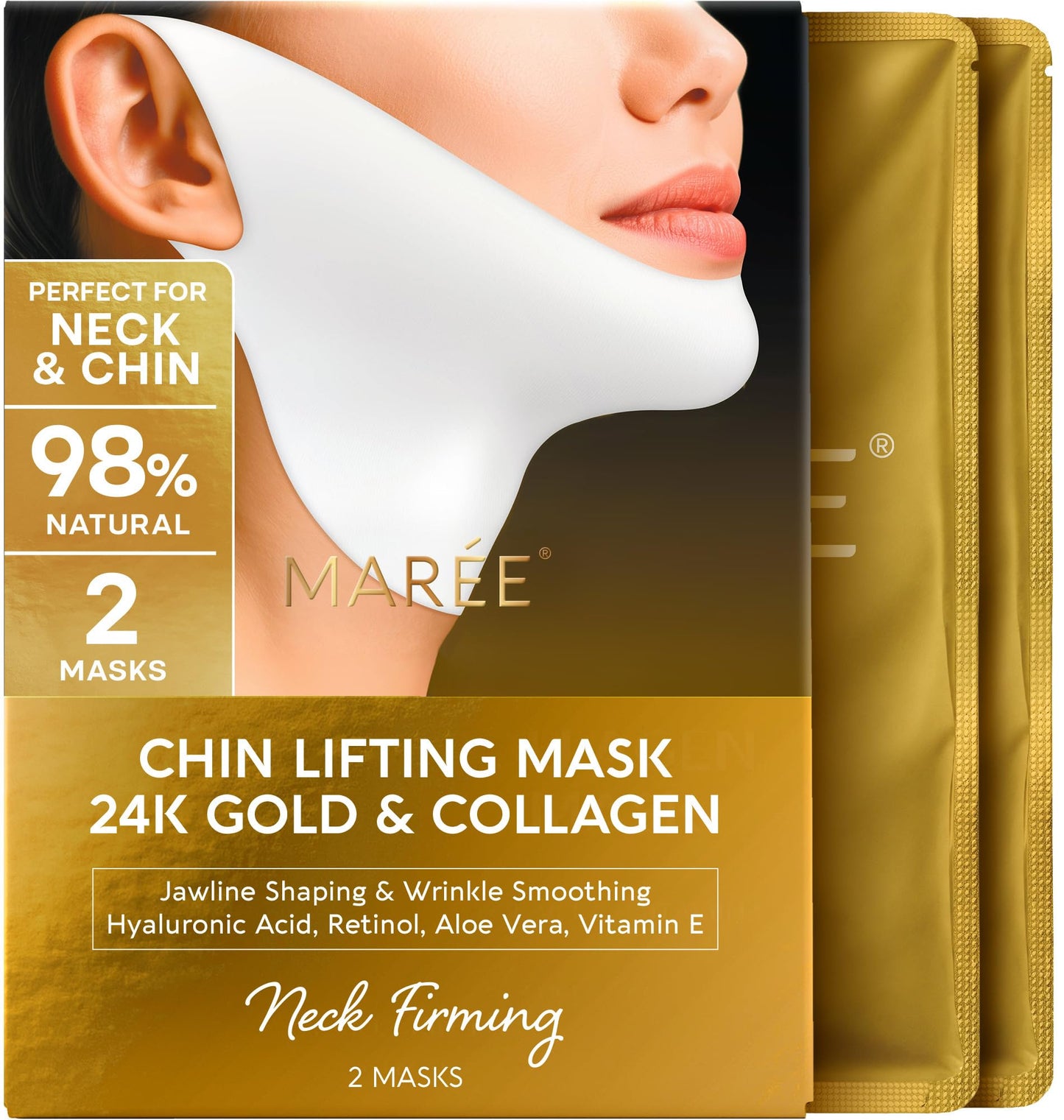 MAREE V Line Lifting Mask with 24K Gold – Deep Collagen Face Mask for Women – Jawline Shaper Mask with Retinol & Hyaluronic Acid – Neck Tightening & Firming - Double Chin Strap for Face Lift