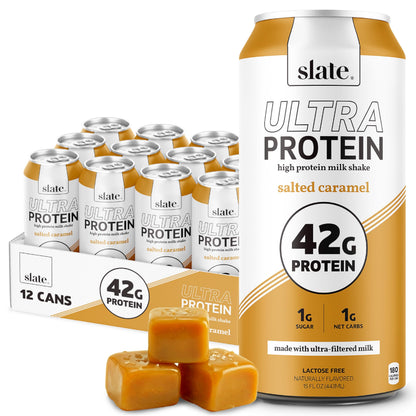 Slate Milk - Ultra Protein Shake - Vanilla - 42g Protein, 1g Sugar, 180 Calories, 1g Net Carbs - Lactose Free, No Added Sugar - Made with Ultra Filtered Milk - Breakfast Boost, Post Workout - 15 fl oz, 12 Cans