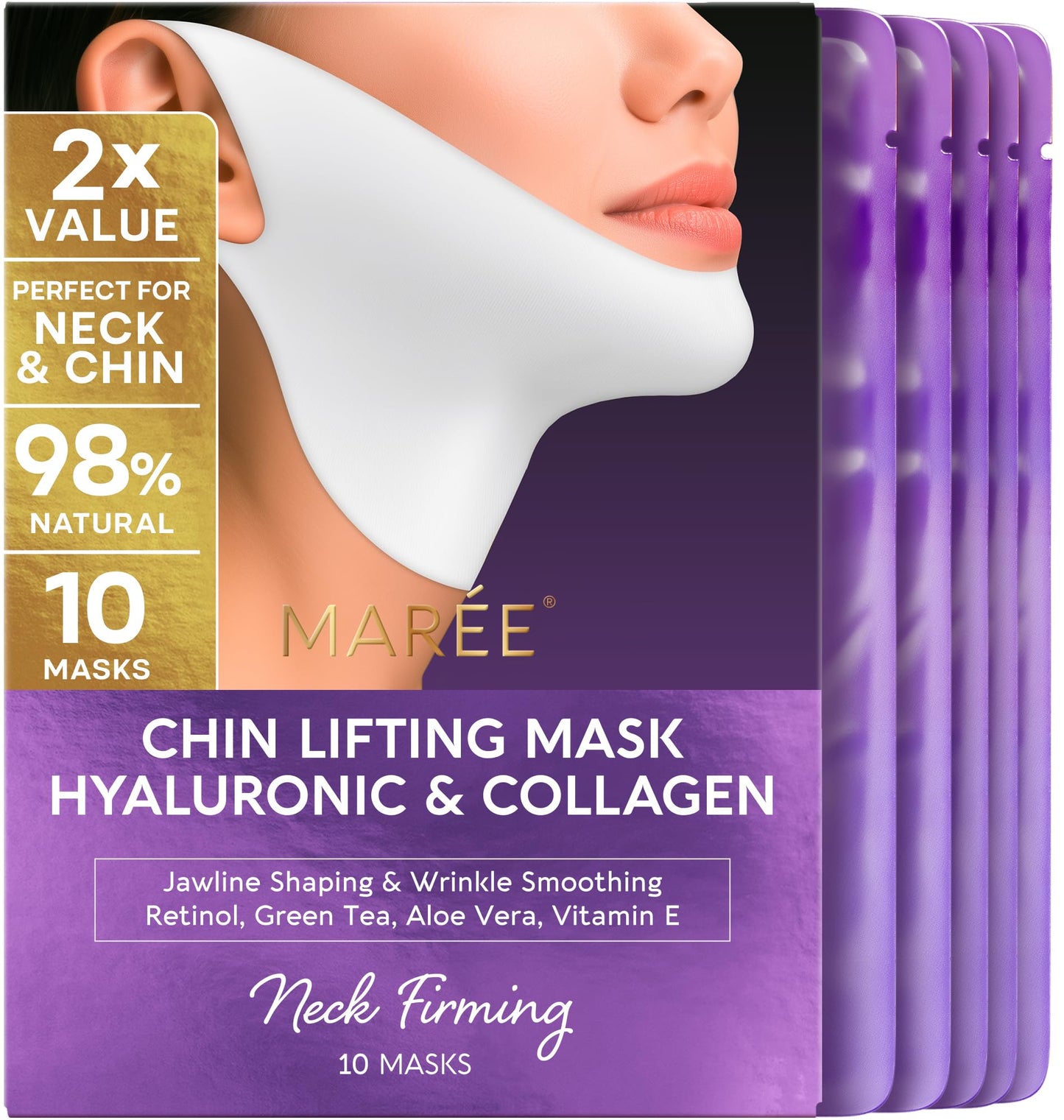 MAREE V Line Lifting Mask with 24K Gold – Deep Collagen Face Mask for Women – Jawline Shaper Mask with Retinol & Hyaluronic Acid – Neck Tightening & Firming - Double Chin Strap for Face Lift